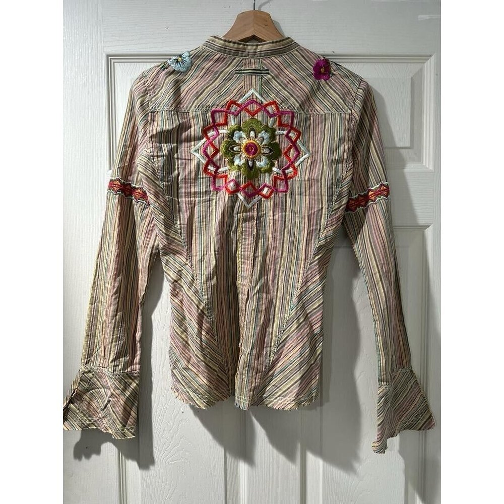 Johnny Was 3J Workshop Biya Embroidered Striped Long Bell Sleeve Top Size XS - Picture 5 of 11
